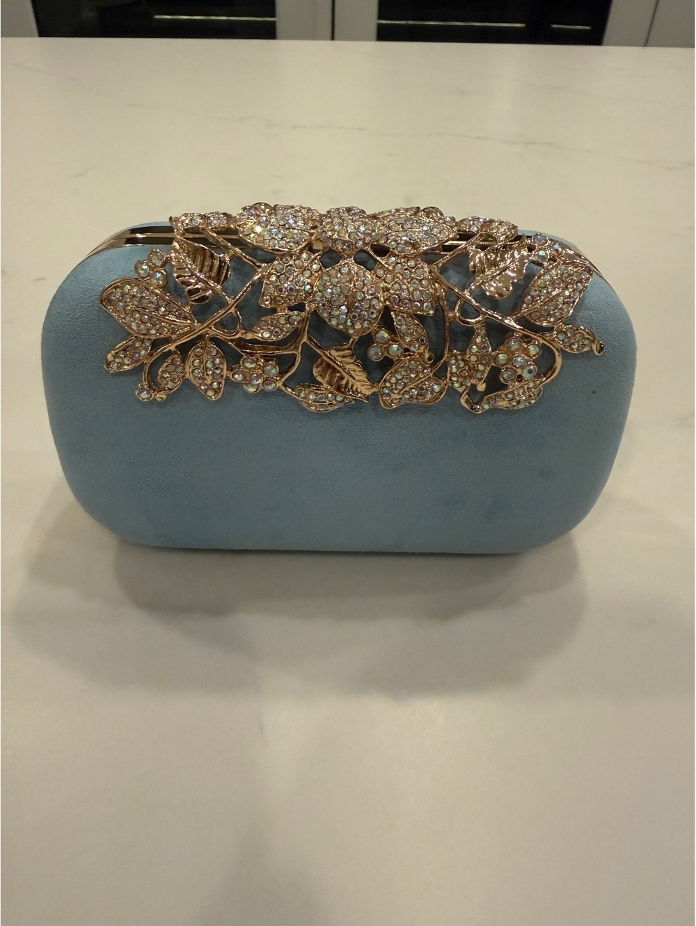 Elegant Light Blue Velvet Clutch with Gold Floral Rhinestone Detail